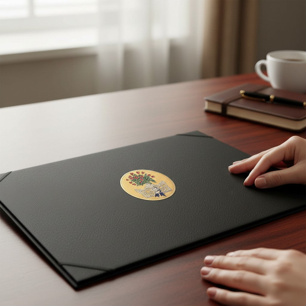 Metal Stickems floral bouquet circular metal sticker on a black leather portfolio on a wooden desk.