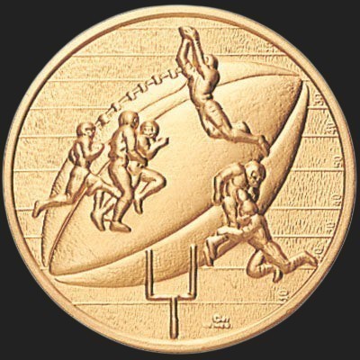 Metal Stickems 2-inch gold-toned adhesive metal sticker featuring an embossed football action scene and goalpost.