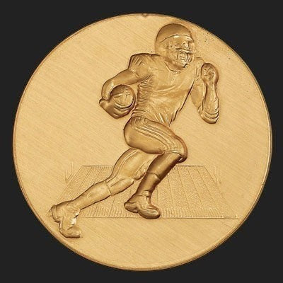 Metal Stickems 2-inch gold metal sticker featuring an embossed football player running with a ball.