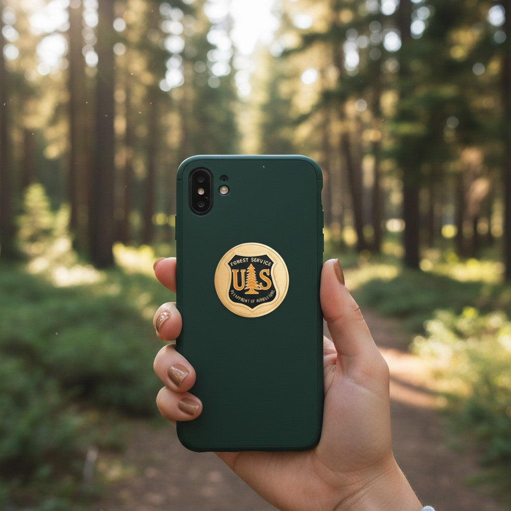 Metal Stickems 2-inch gold and black U.S. Forest Service metal sticker on a green phone case in a forest setting.