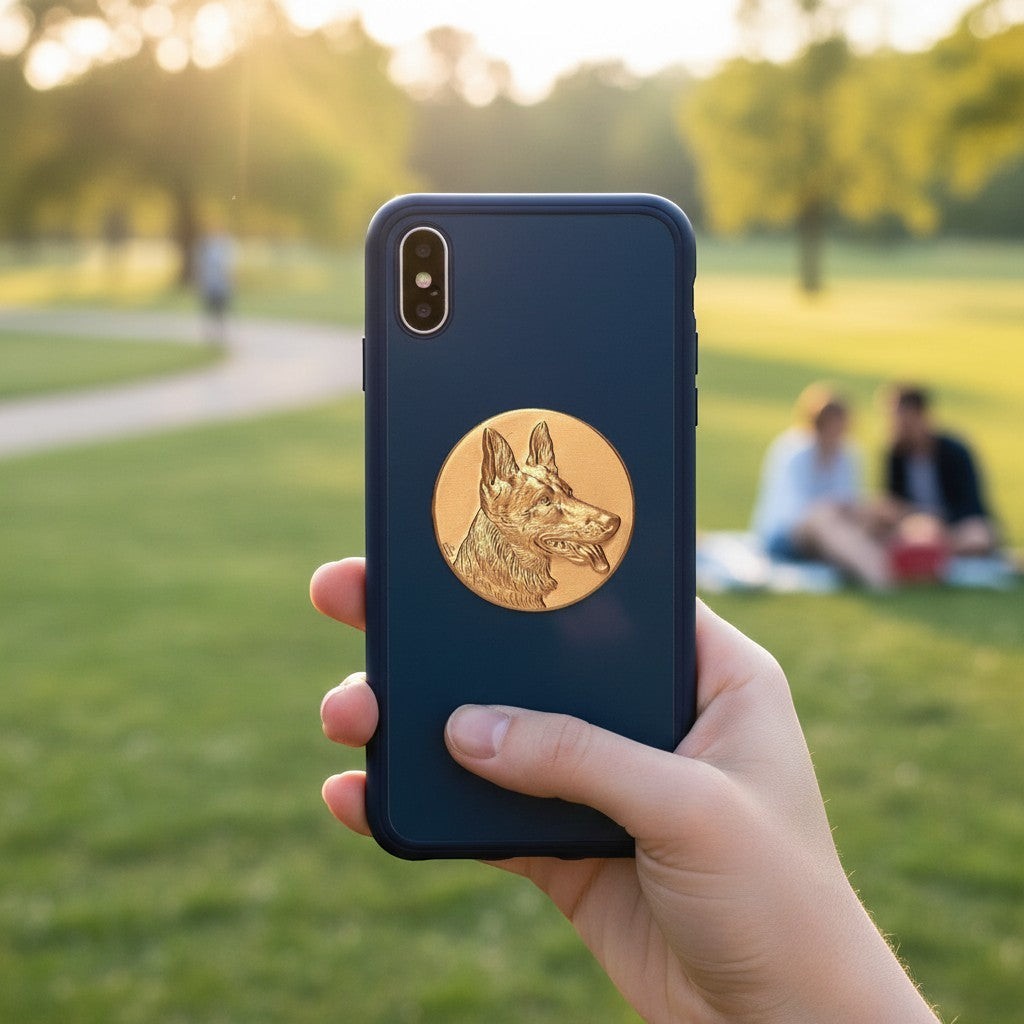 Metal Stickems 2-inch gold metal German Shepherd sticker applied to the back of a dark blue smartphone case.