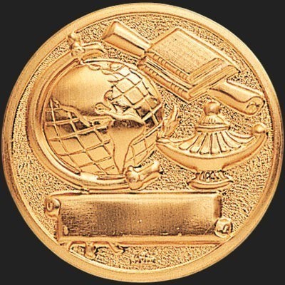 Metal Stickems 2-inch gold-tone academic achievement sticker with embossed globe, lamp of knowledge, and books.