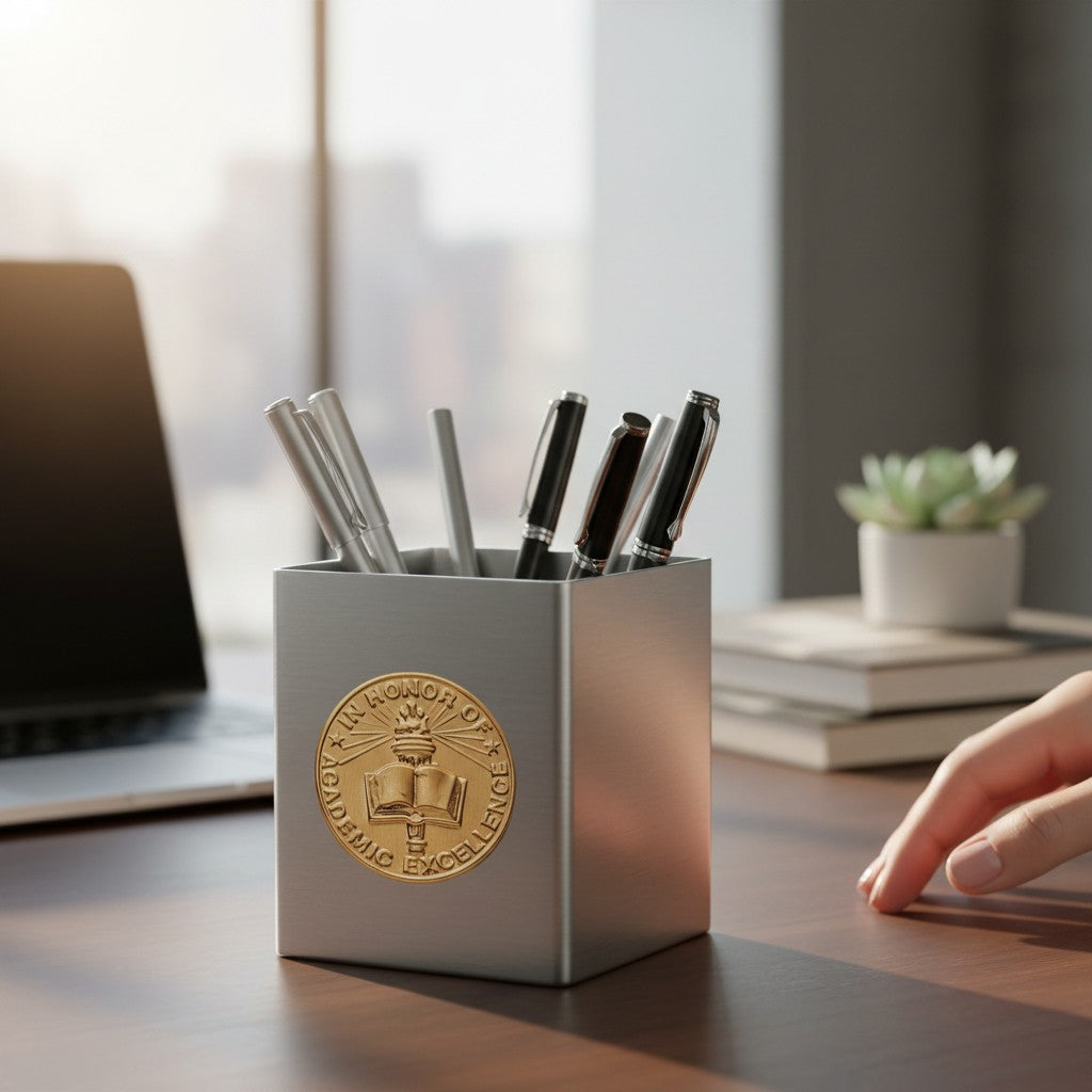 Metal Stickems 2-inch gold embossed academic excellence sticker featuring an open book and torch on a desk pen holder.