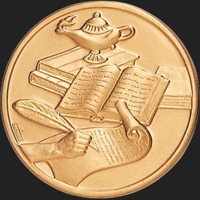 Metal Stickems gold embossed academic achievement medallion featuring a lamp of knowledge, books, and a quill pen.