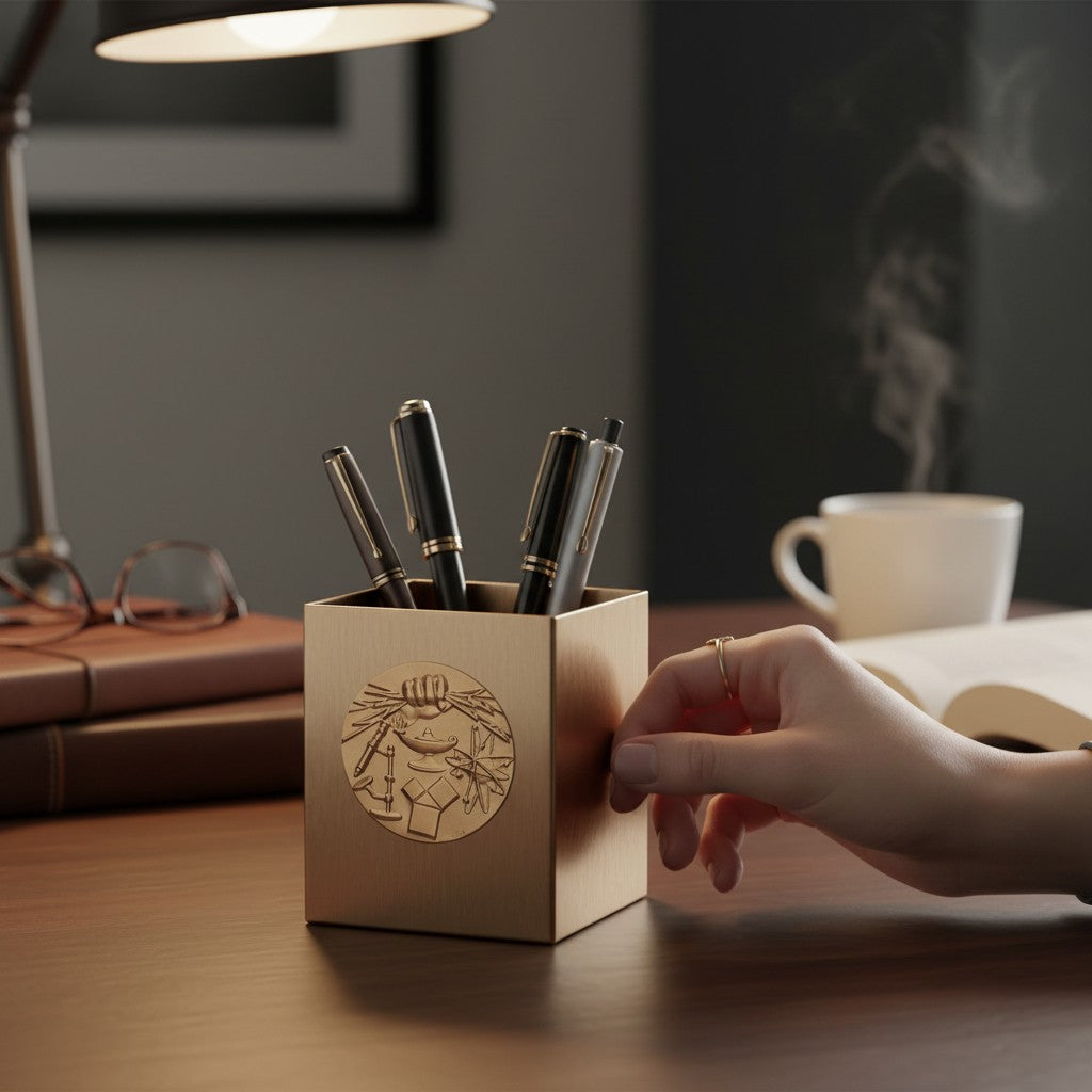 Metal Stickems gold academic achievement sticker featuring embossed learning symbols on a desk pen holder