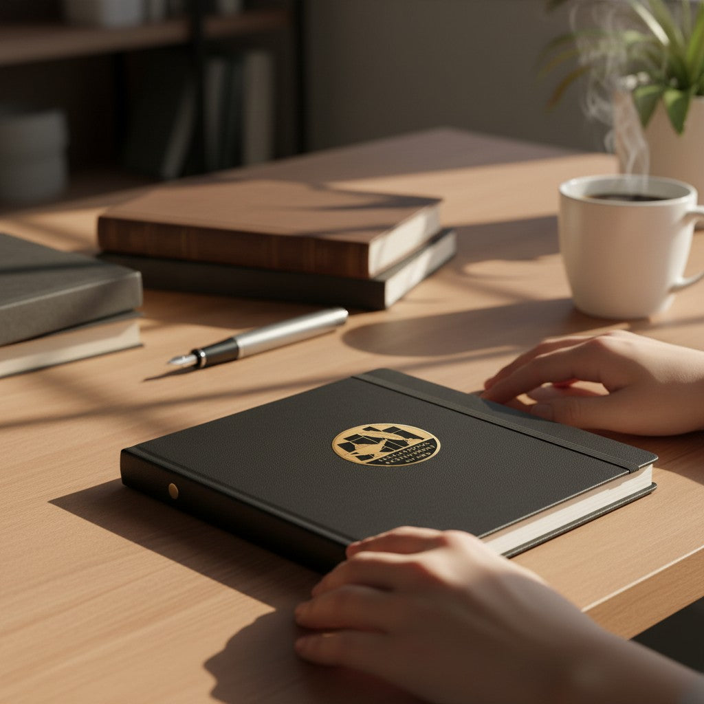 Metal Stickems 2-inch antique gold educational achievement award sticker applied to a black notebook on a desk.