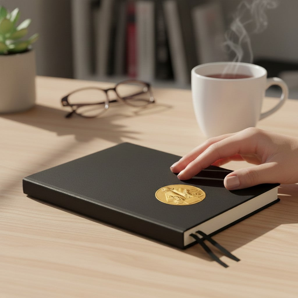 Metal Stickems gold educational achievement medallion sticker on a black notebook cover on a desk
