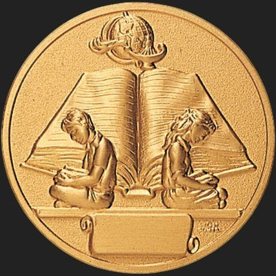 Metal Stickems gold-toned 2-inch adhesive medallion featuring an embossed globe and students reading books