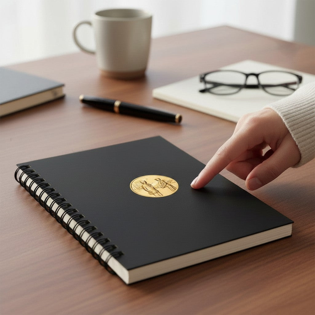 Metal Stickems 2-inch gold-tone adhesive medallion with embossed professional scene applied to a black spiral notebook.