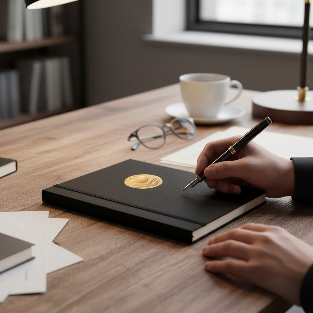 Metal Stickems gold apple and books emblem adhered to a black notebook on a wooden desk with a hand writing with a pen