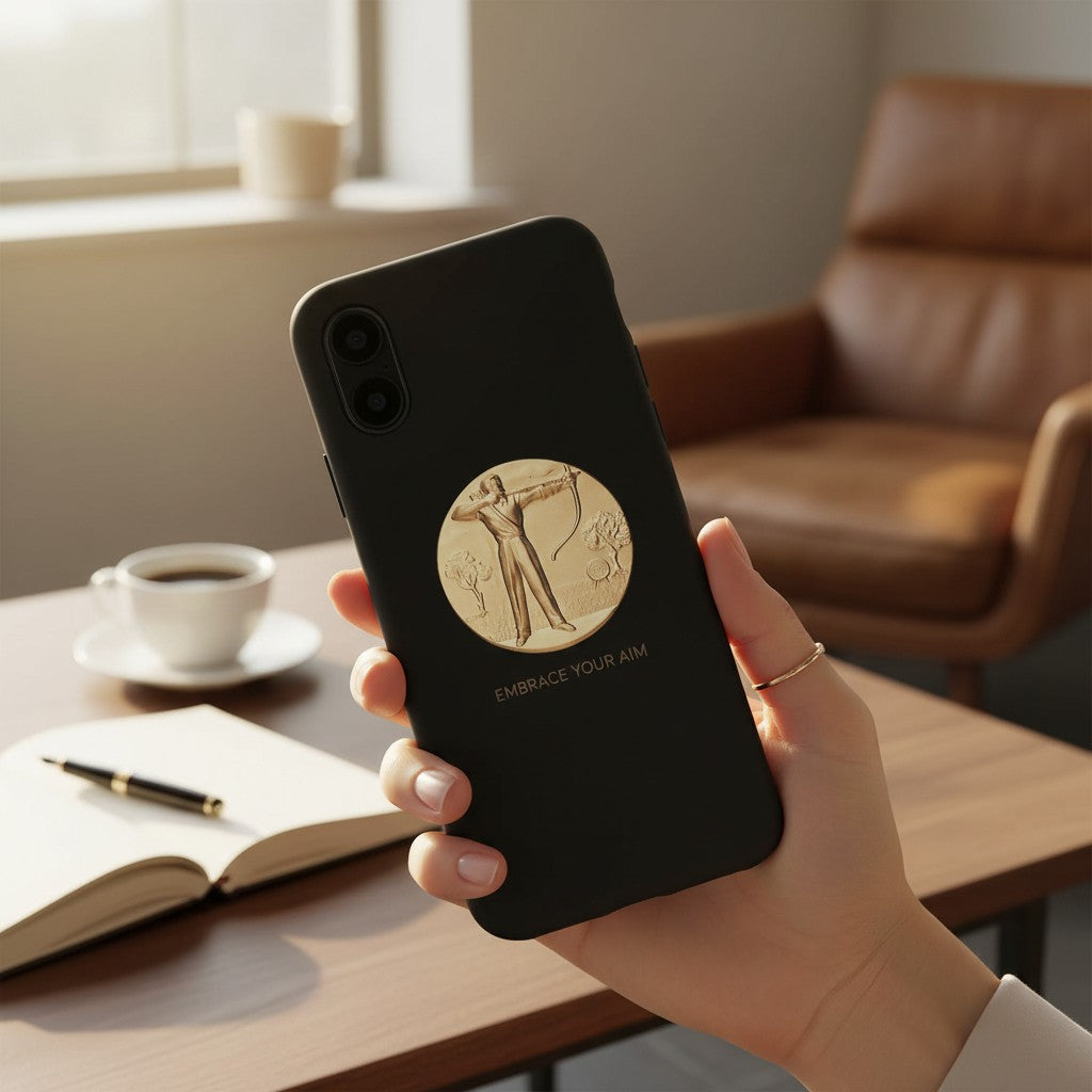 Metal Stickems gold archery sticker featuring an embossed archer design applied to a black smartphone case