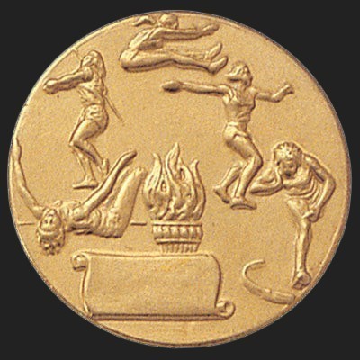 Metal Stickems 1-inch gold-tone metal sticker featuring embossed athletic figures and a central flame motif.