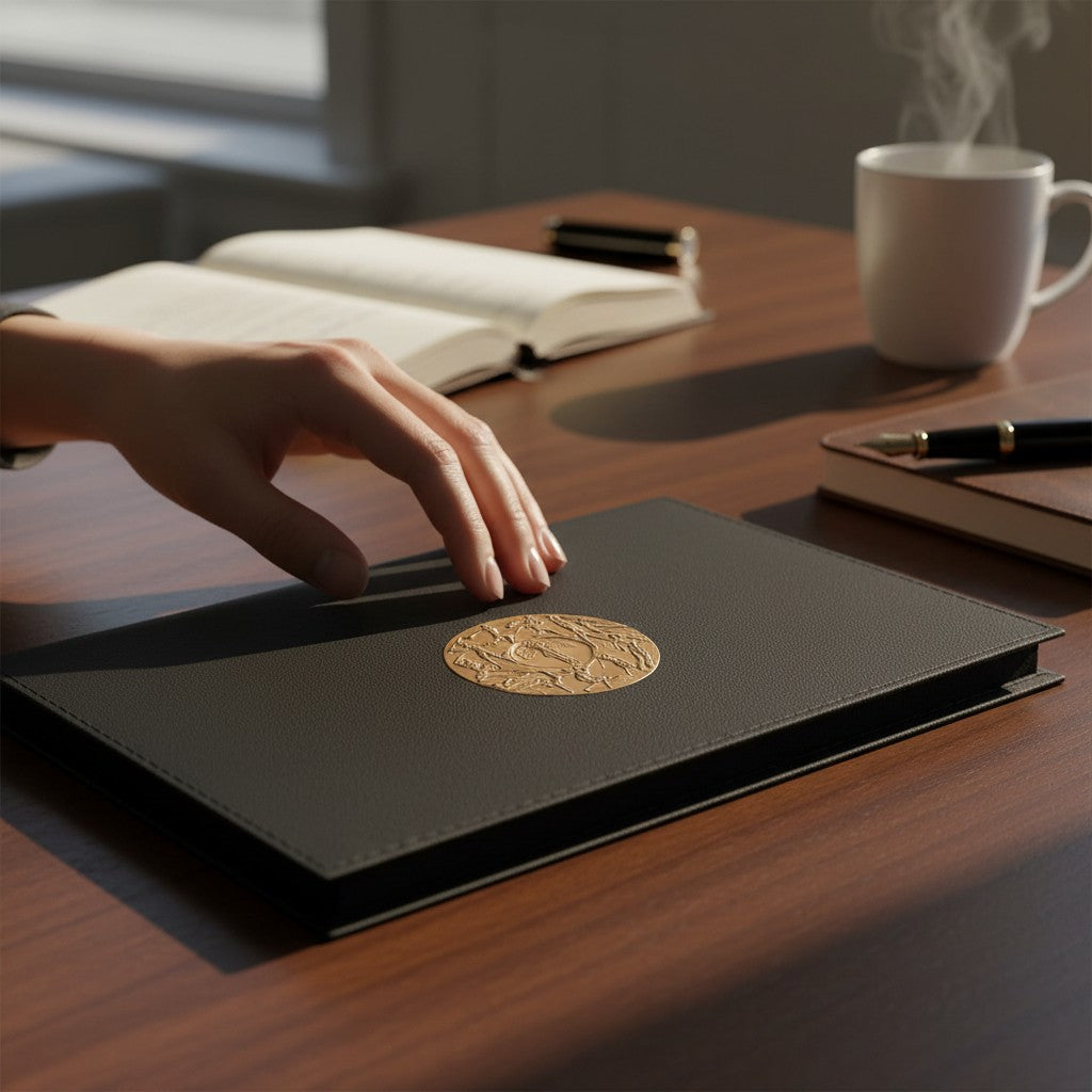 Metal Stickems 2-inch gold-toned athletic emblem with relief sports design applied to a black leather notebook on a desk.