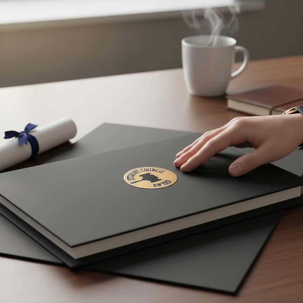 Metal Stickems 2-inch circular gold metal award sticker with black gavel icon on a black notebook cover