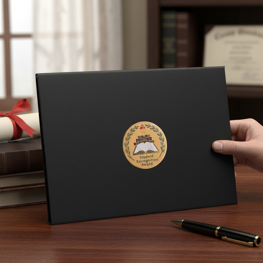 Metal Stickems 2-inch gold metal award sticker with book and torch motif on a black certificate folder