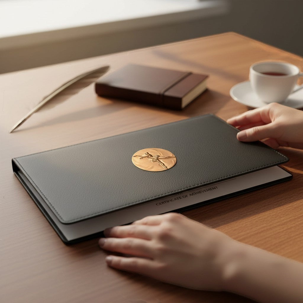 Metal Stickems gold ballerina adhesive metal sticker on a black leather certificate folder on a wooden desk