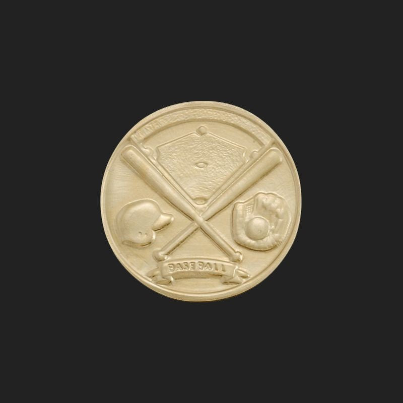 Metal Stickems 1-inch gold baseball emblem featuring embossed crossed bats, glove, helmet, and diamond field design.