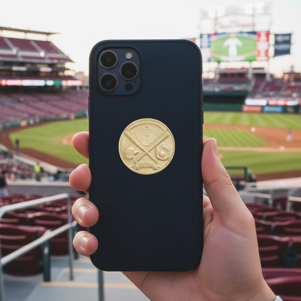 Metal Stickems gold baseball emblem sticker applied to a black smartphone case at a baseball stadium.