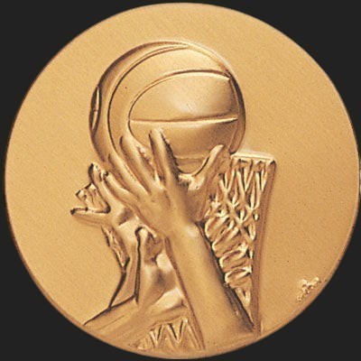 Metal Stickems 2-inch gold-tone metal basketball player emblem with high-relief 3D design and adhesive backing.