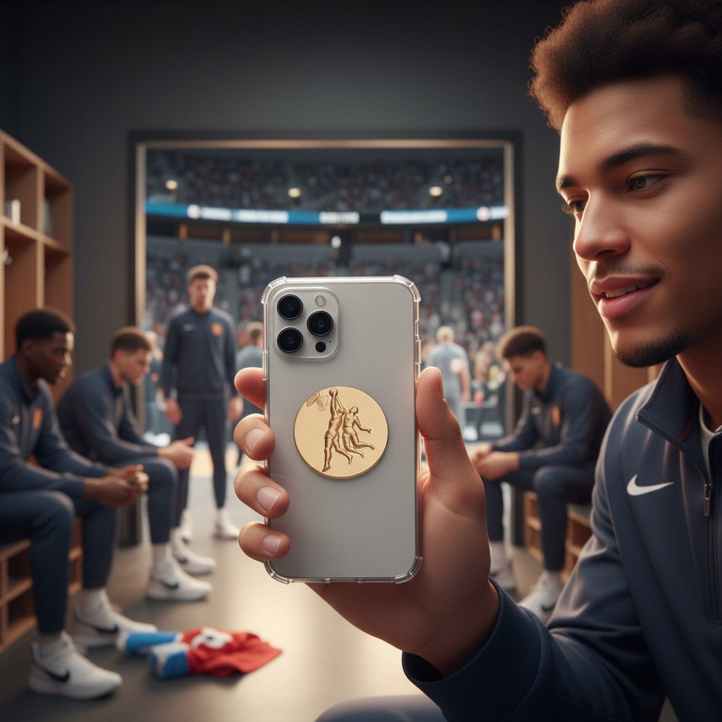 Metal Stickems gold basketball player emblem applied to a smartphone case in a locker room setting