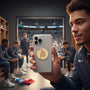 Metal Stickems gold basketball player emblem applied to a smartphone case in a locker room setting