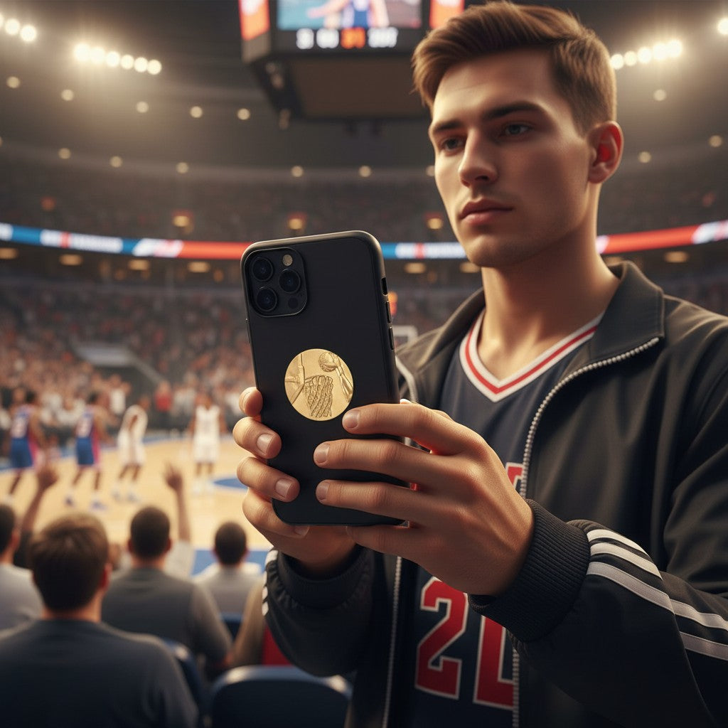 Metal Stickems gold basketball hoop metal sticker on a black phone case held by a man at a basketball arena.