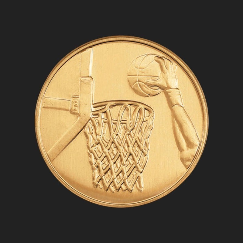 Metal Stickems gold-tone basketball hoop emblem with an embossed dunking design, 2-inch adhesive metal sticker.