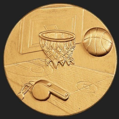Metal Stickems 2-inch gold-tone basketball sticker with embossed hoop, ball, and whistle design for sports gear.
