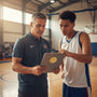 Metal Stickems gold-tone basketball sticker applied to a clipboard held by a coach and player on a basketball court.