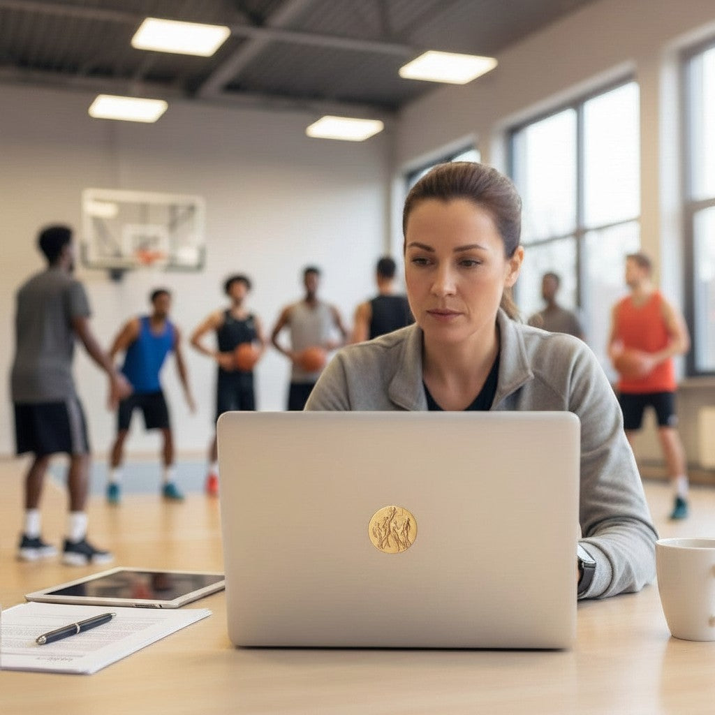 Metal Stickems 2-inch gold basketball achievement sticker applied to the lid of a laptop in a gym setting.