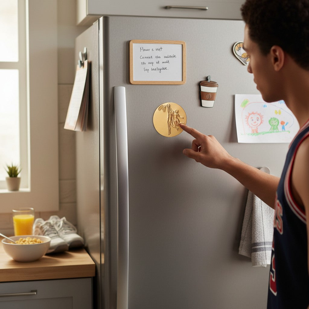 Metal Stickems gold basketball player emblem applied to a refrigerator by a young man in a sports jersey
