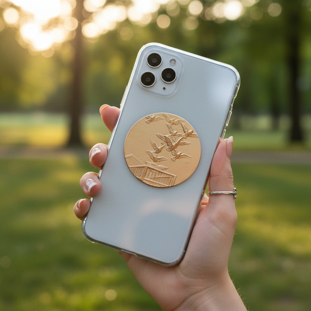 Metal Stickems gold-toned circular metal sticker featuring a flying bird relief design applied to a smartphone case.