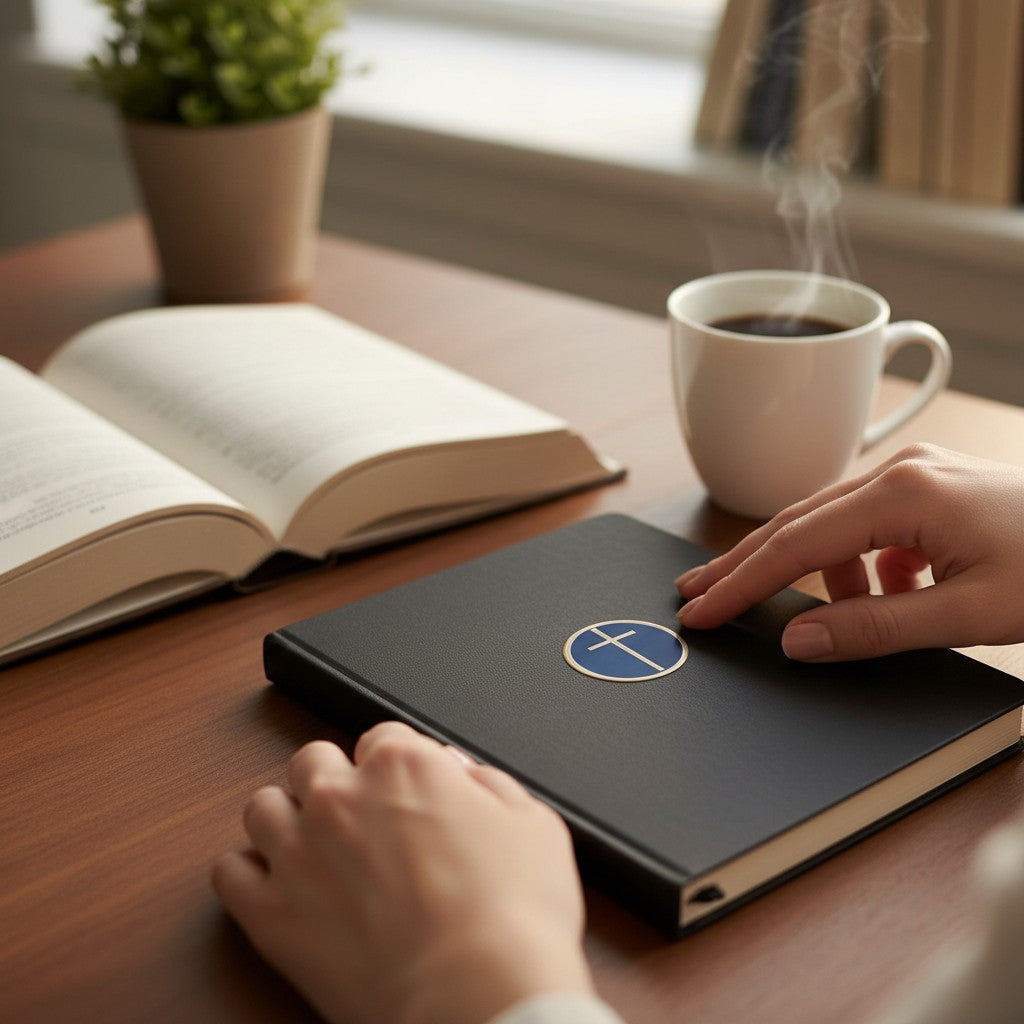Metal Stickems religious cross emblem in gold and blue applied to a black notebook on a desk with coffee and a book.