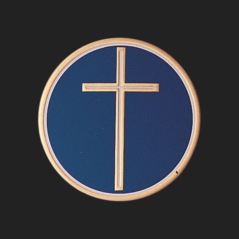 Metal Stickems 2-inch round adhesive emblem featuring a gold-tone cross on a deep blue background.