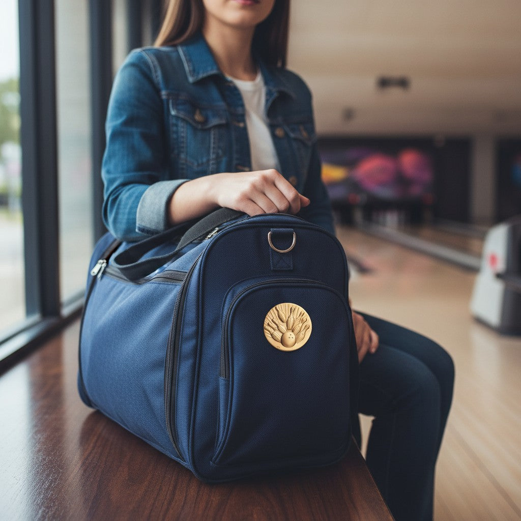 Metal Stickems gold bowling pin sticker attached to a blue bowling bag held by a woman in a bowling alley.