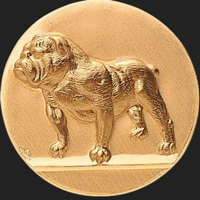 Metal Stickems 2-inch round gold metal sticker featuring a detailed raised-relief bulldog design.