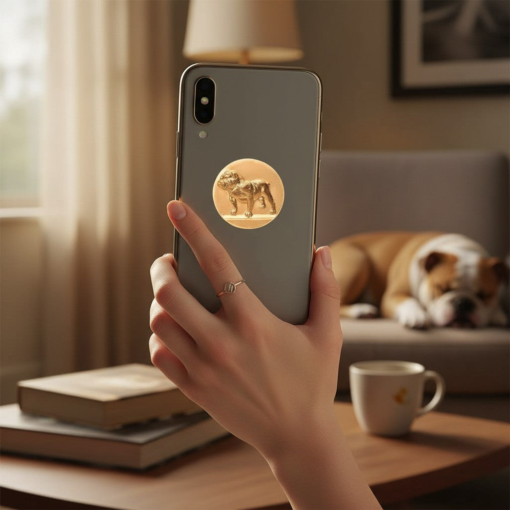 Metal Stickems gold bulldog round metal emblem sticker applied to the back of a smartphone held by a hand.