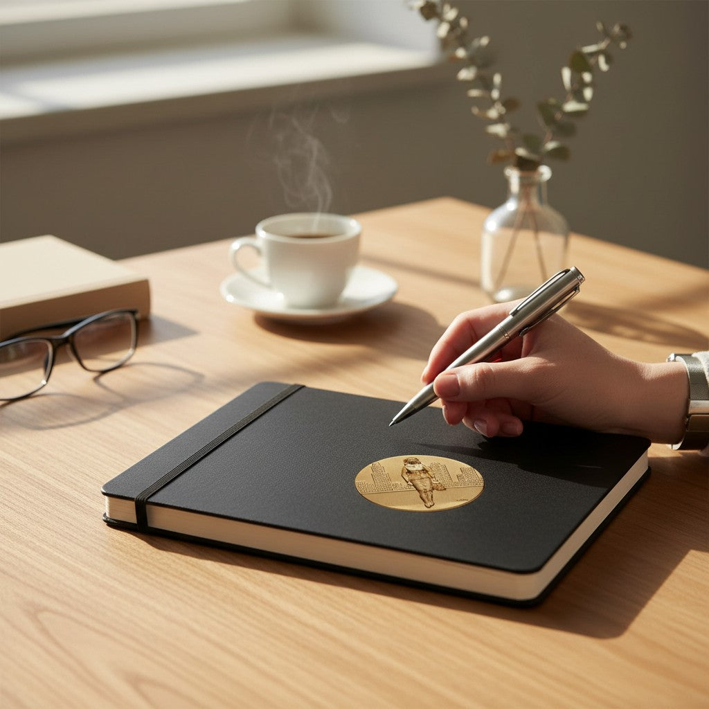 Metal Stickems gold-tone round metal sticker featuring a businesswoman silhouette on a black notebook on a desk.