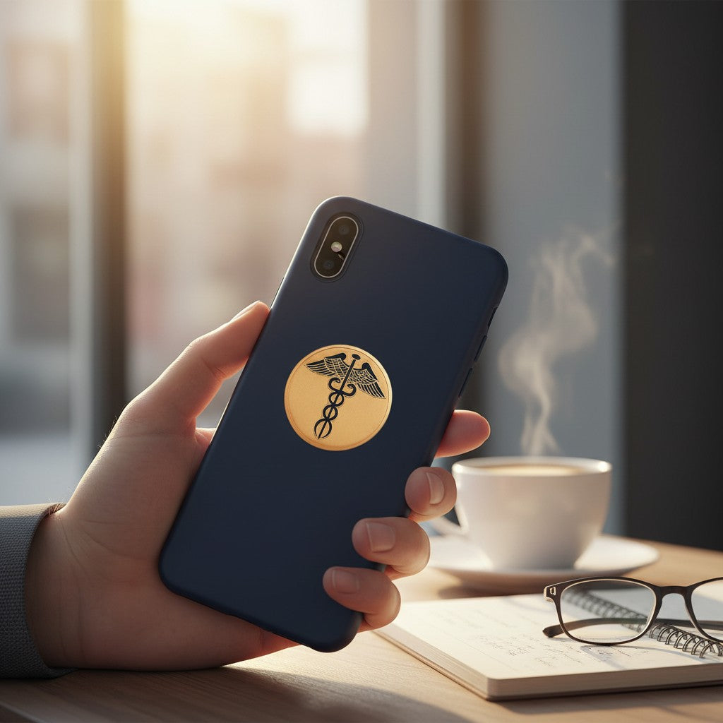 Metal Stickems gold and black caduceus medical symbol sticker applied to the back of a dark blue smartphone.