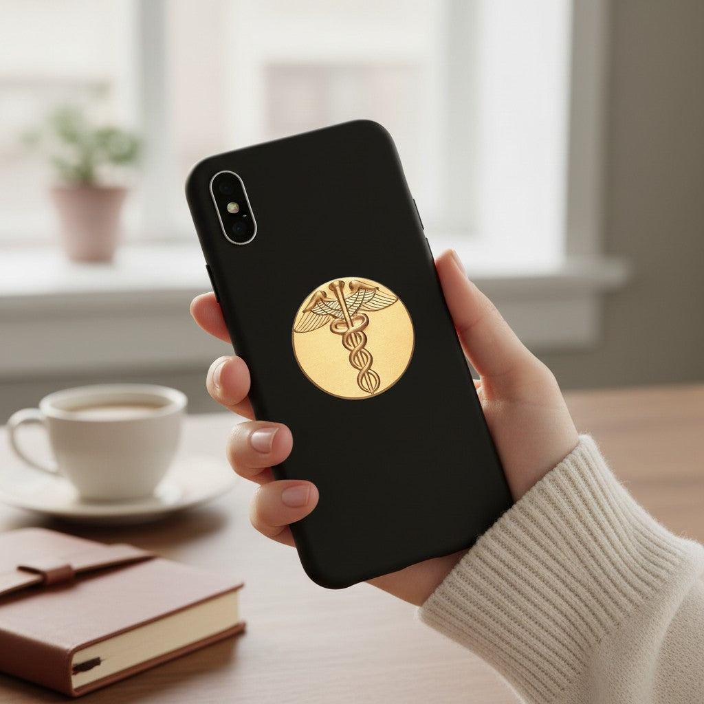 Metal Stickems gold-tone caduceus metal sticker applied to a black smartphone case held in a hand.