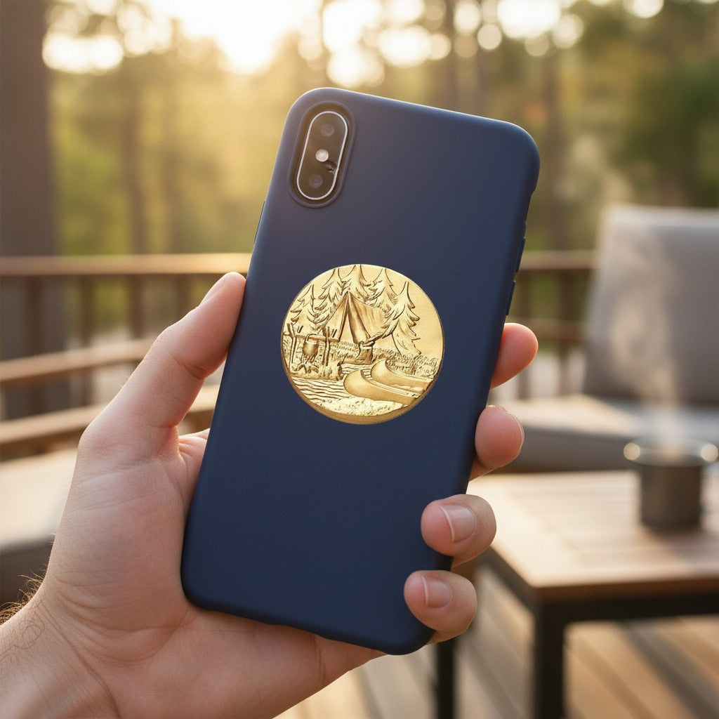 Metal Stickems gold embossed camping scene sticker on a navy blue smartphone case held in a hand.