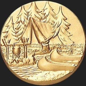Metal Stickems gold embossed metal sticker featuring a detailed camping scene with a tent, campfire, and canoe.