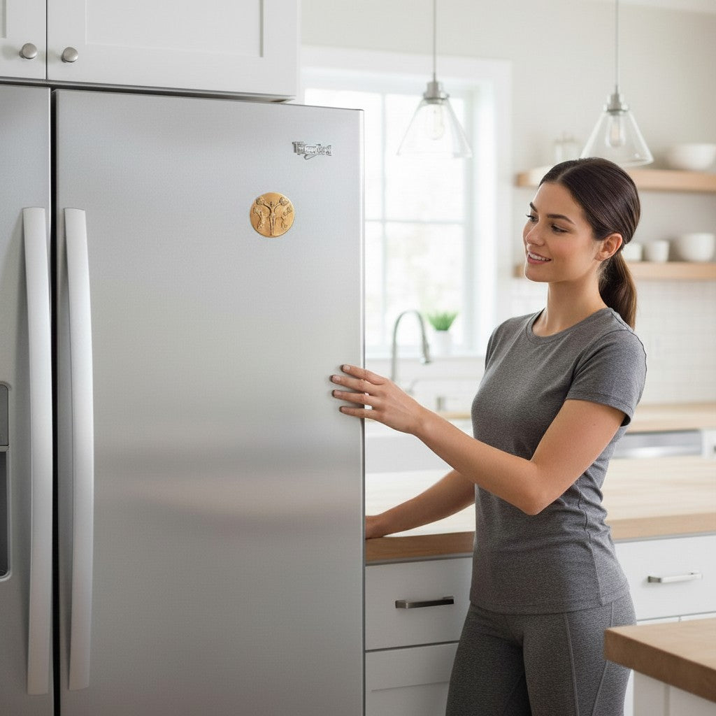 Metal Stickems 2-inch gold cheerleader squad emblem applied to a stainless steel refrigerator in a bright kitchen.