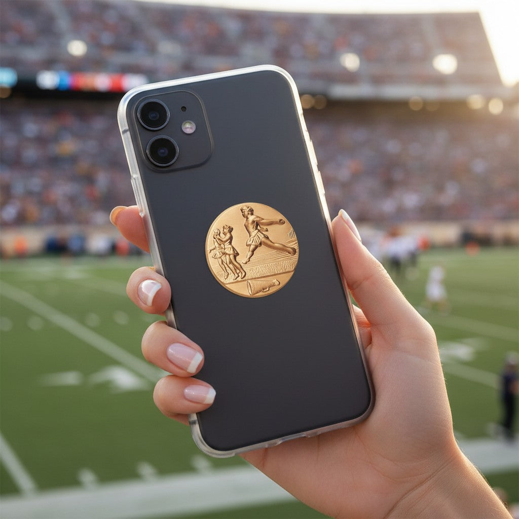 Metal Stickems 1-inch gold cheerleading emblem adhered to the back of a black smartphone held in a hand.
