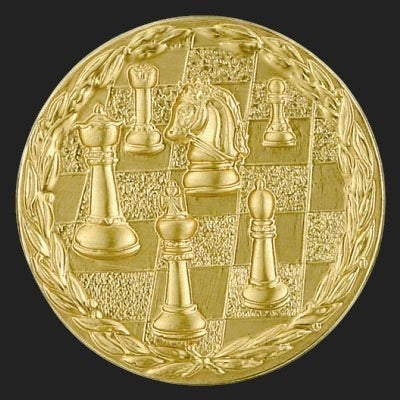 Metal Stickems 2-inch gold metallic sticker featuring an embossed chess board and pieces with a laurel wreath border.
