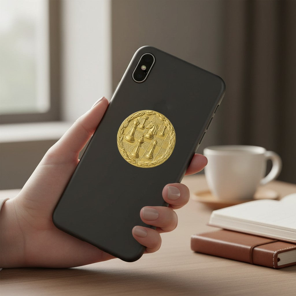 Metal Stickems gold embossed chess board sticker applied to a black smartphone held in a hand.