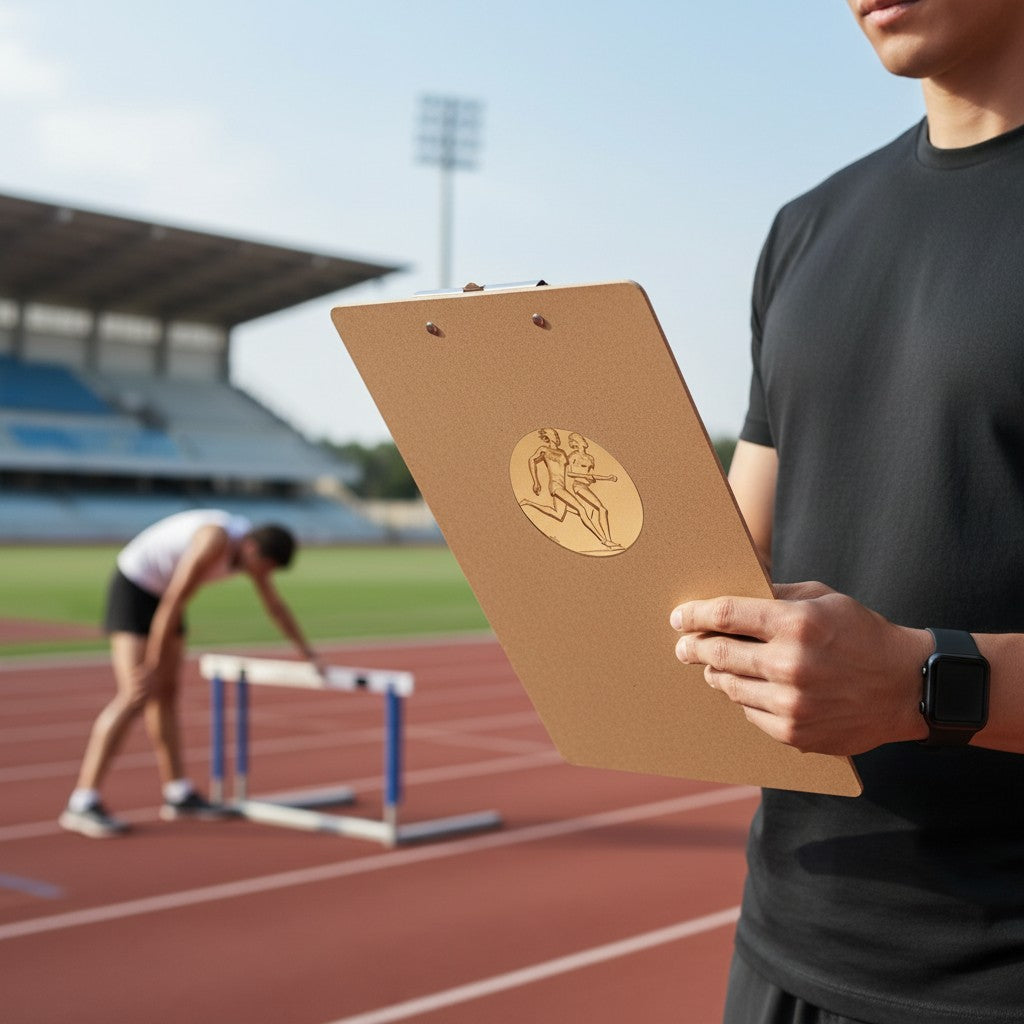 Metal Stickems 2-inch circular gold metal sticker with runner design on a clipboard at a track and field stadium.