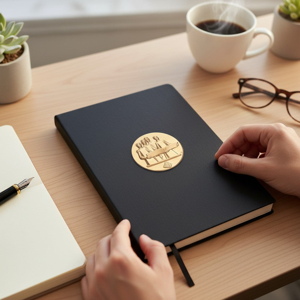 Metal Stickems 2-inch circular gold metal sticker applied to a black notebook on a desk with coffee and glasses.