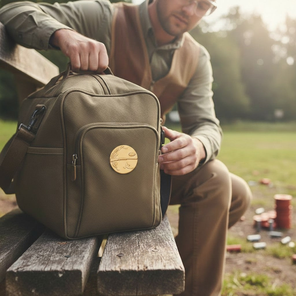 Metal Stickems gold clay pigeon shooting emblem applied to an olive green canvas gear bag held by a man outdoors.
