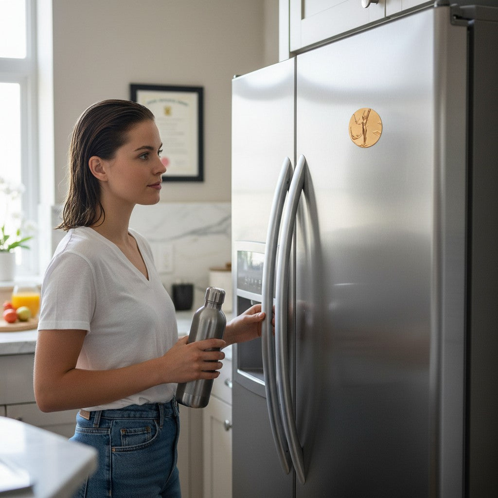 Metal Stickems gold diving figurine sticker applied to a stainless steel refrigerator in a modern kitchen